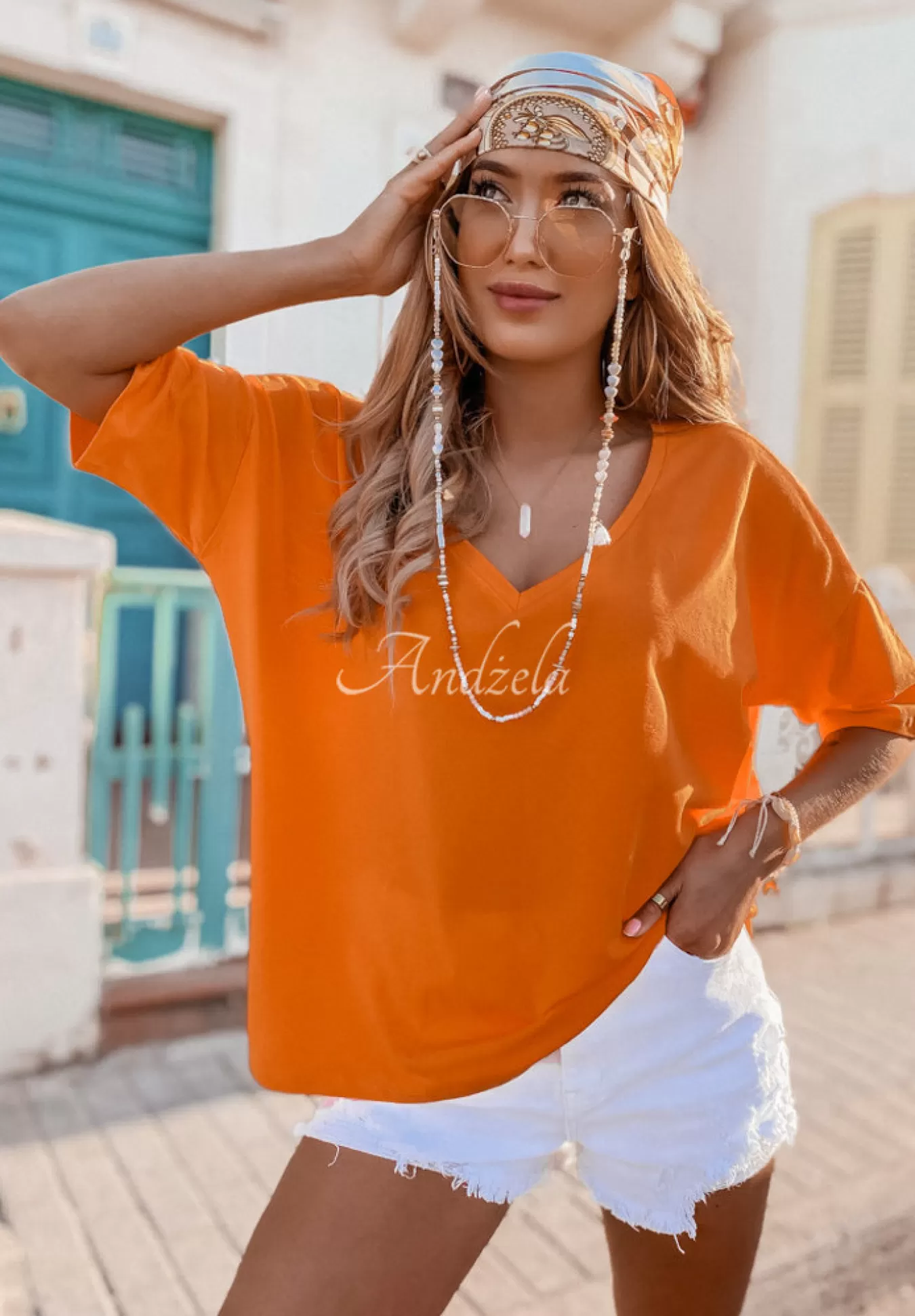 Shop T-Shirt Oversize Z Dekoltem W Serek Cascade Pomaranczowy Kobieta T-Shirty
