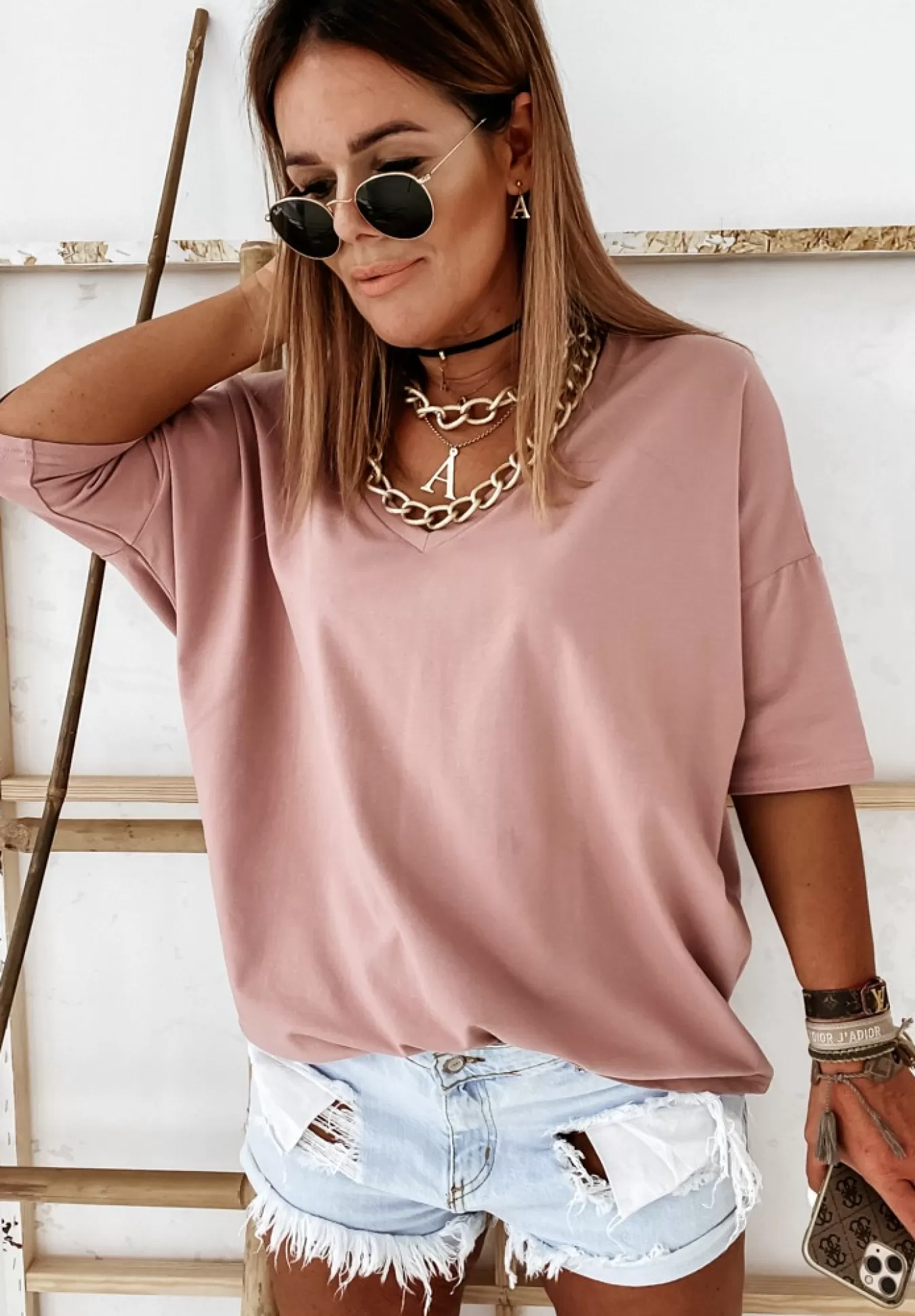 Best Sale T-Shirt Oversize Z Dekoltem W Serek Cascade Pudrowy Roz Kobieta Bluzki