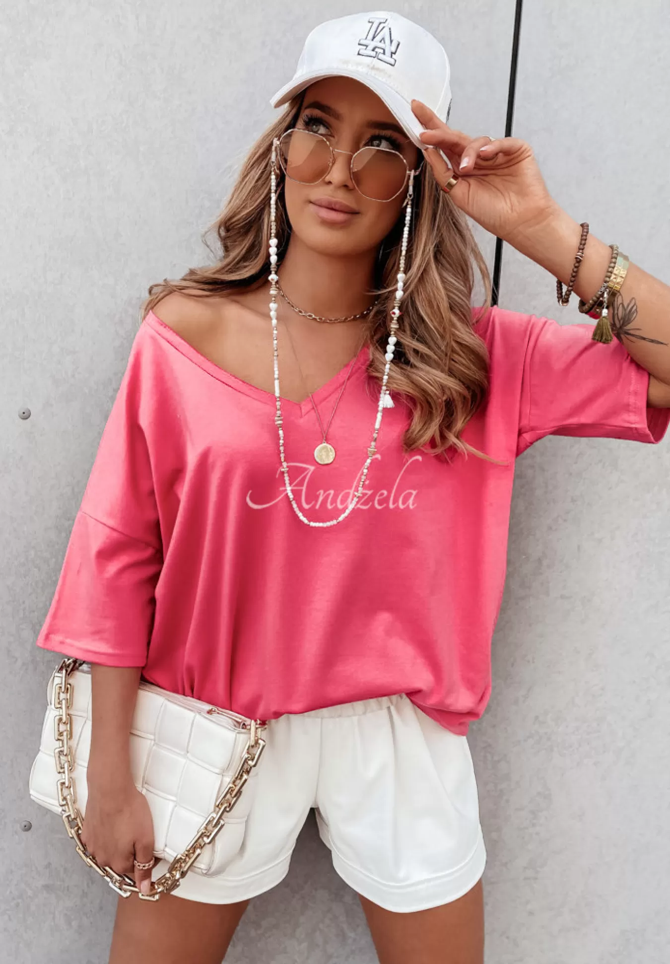 Discount T-Shirt Oversize Z Dekoltem W Serek Cascade Rozowy Kobieta T-Shirty