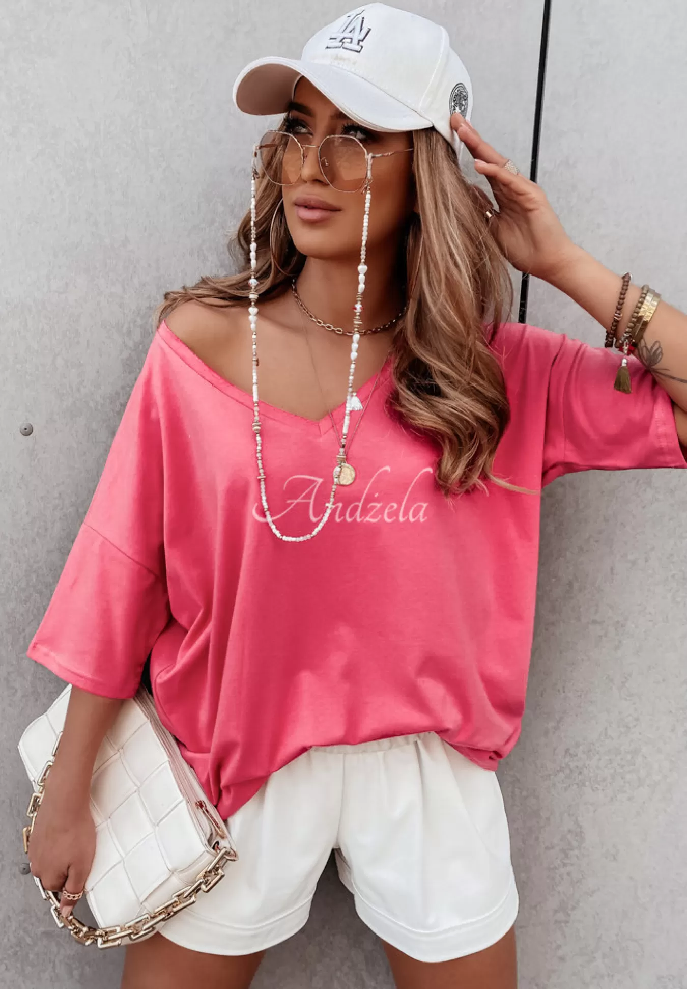 Discount T-Shirt Oversize Z Dekoltem W Serek Cascade Rozowy Kobieta T-Shirty