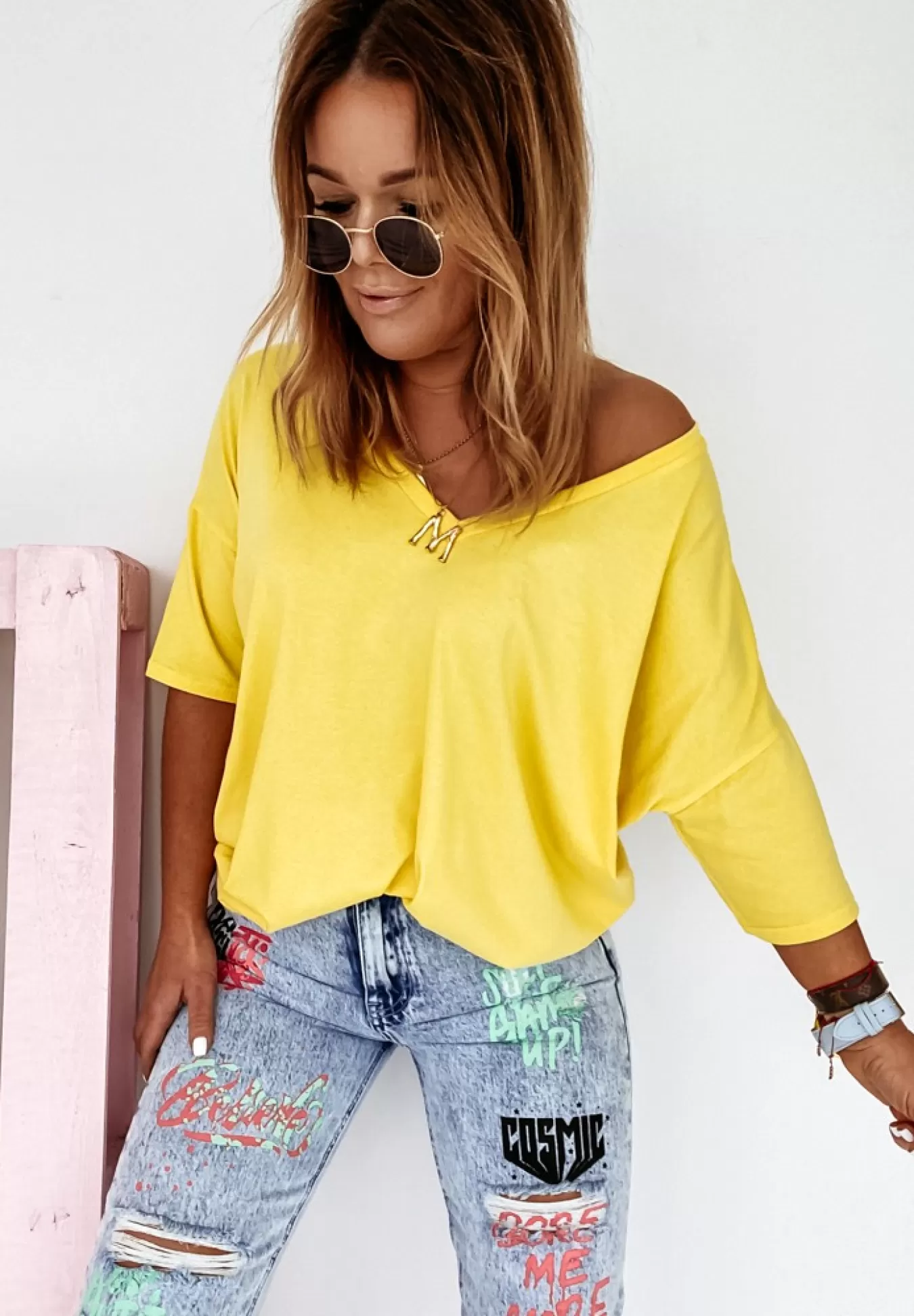 Best T-Shirt Oversize Z Dekoltem W Serek Cascade Zolty Kobieta Bluzki