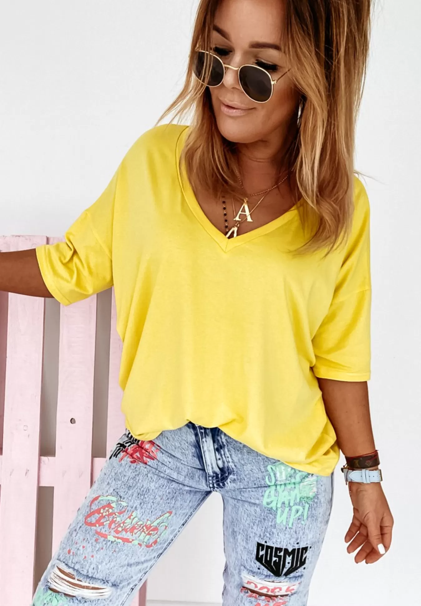 Best T-Shirt Oversize Z Dekoltem W Serek Cascade Zolty Kobieta Bluzki
