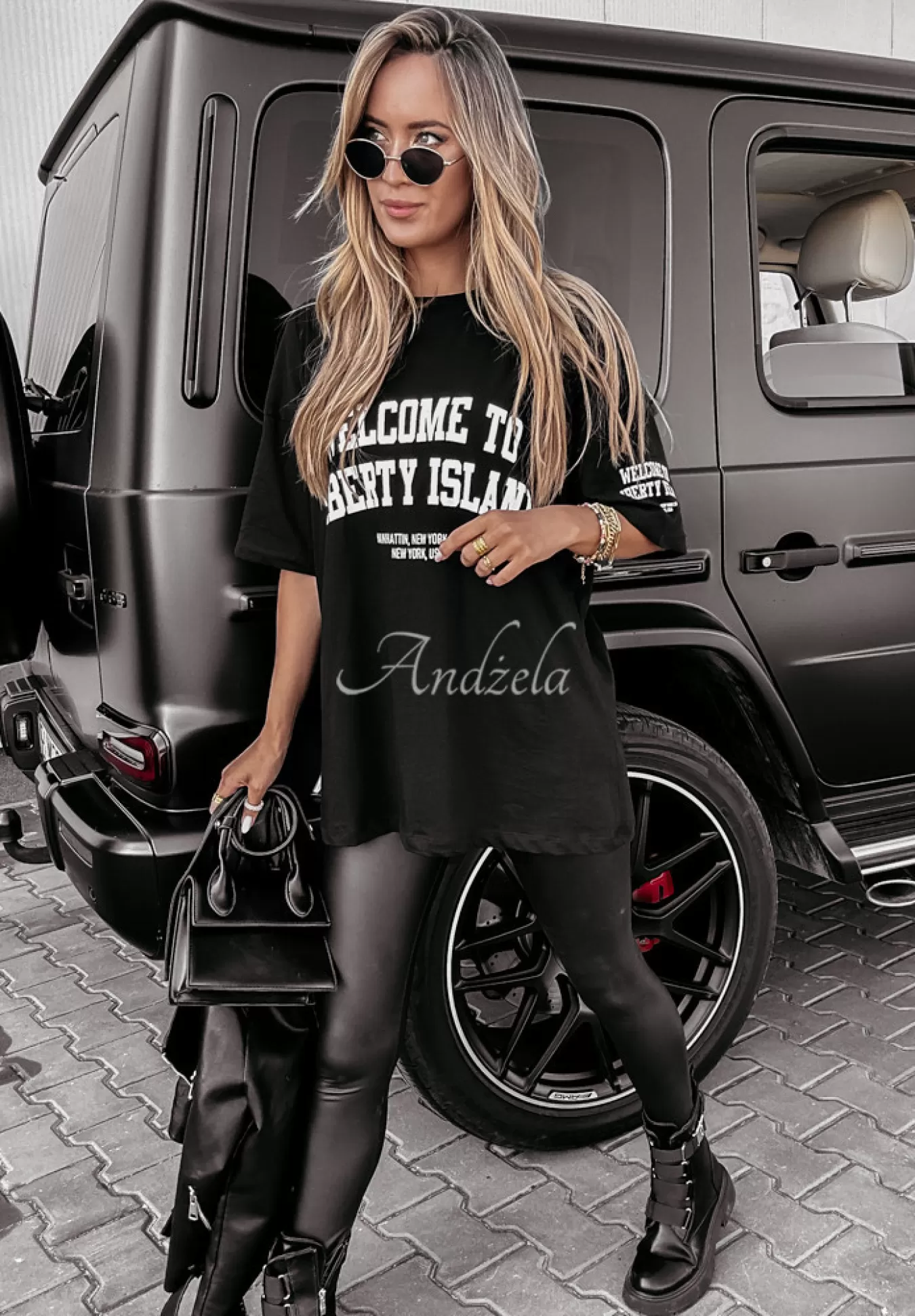 Cheap T-Shirt Oversize Z Nadrukiem Welcome To Liberty Island Czarny Kobieta T-Shirty