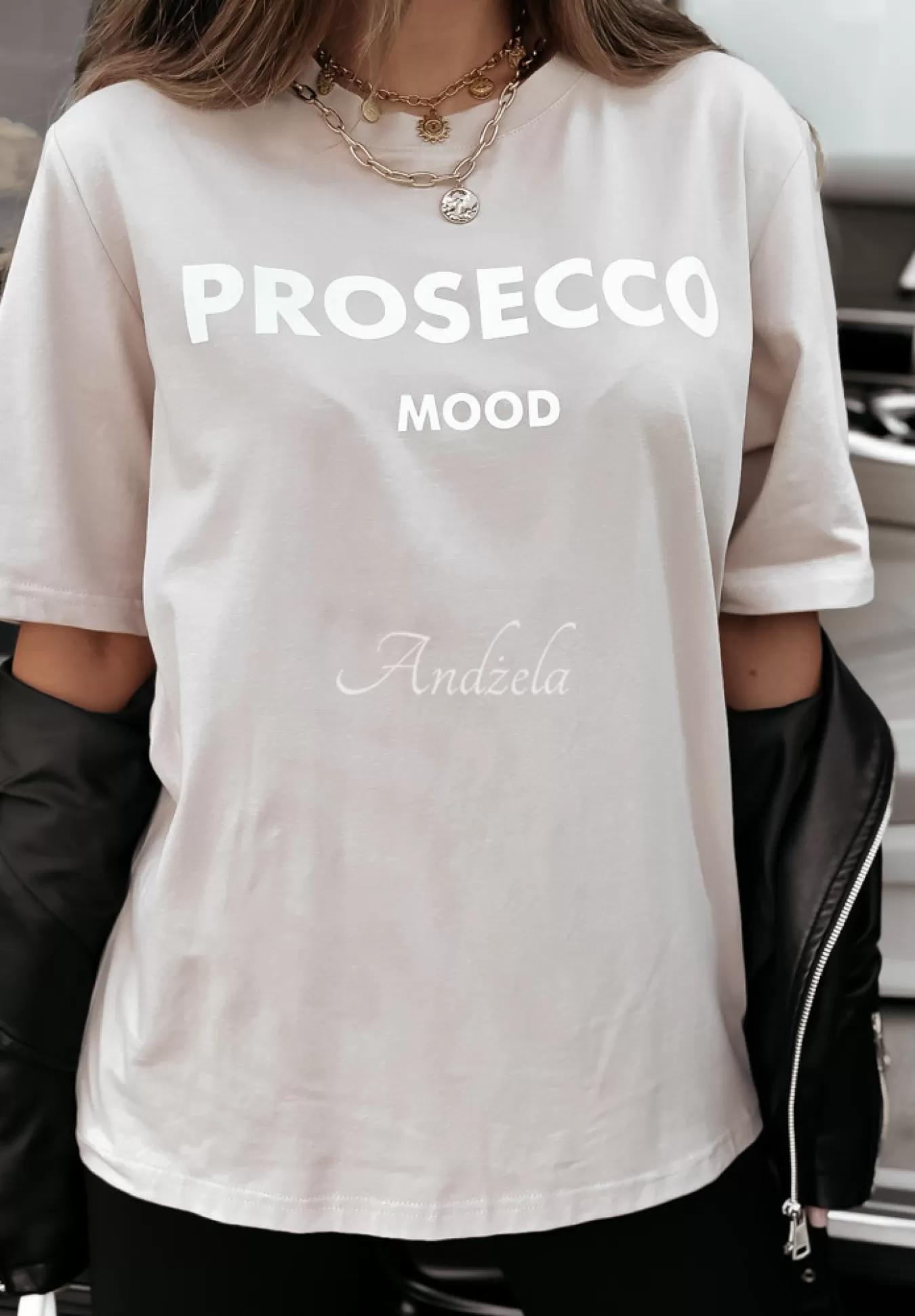 Sale T-Shirt Z Nadrukiem Prosecco Mood Bezowy Kobieta T-Shirty