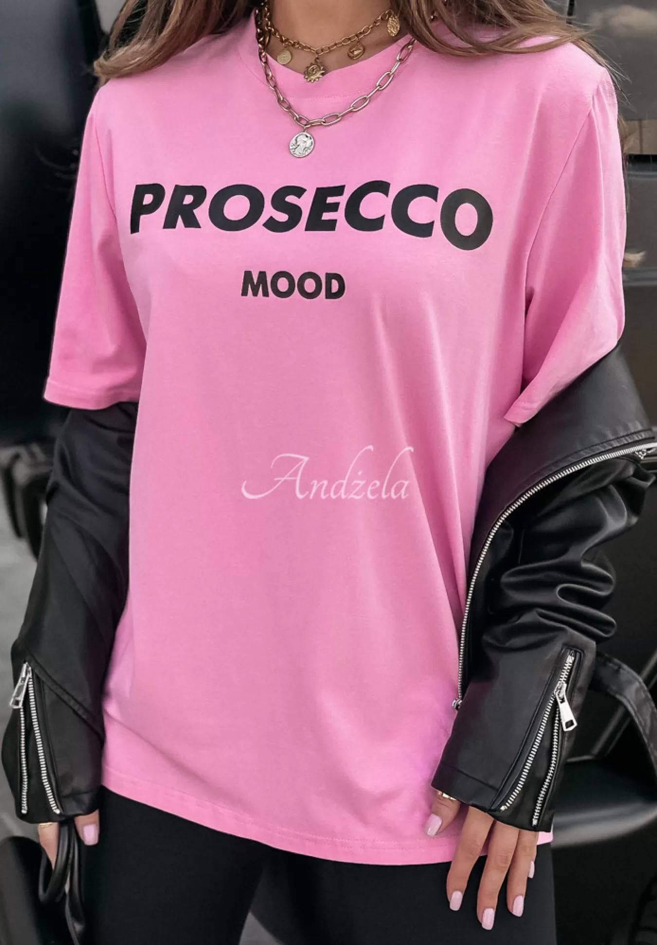 Discount T-Shirt Z Nadrukiem Prosecco Mood Rozowy Kobieta T-Shirty